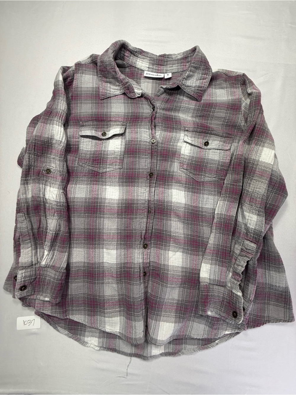 St. John's Bay Gray and Pink Plaid Button-Down Shirt